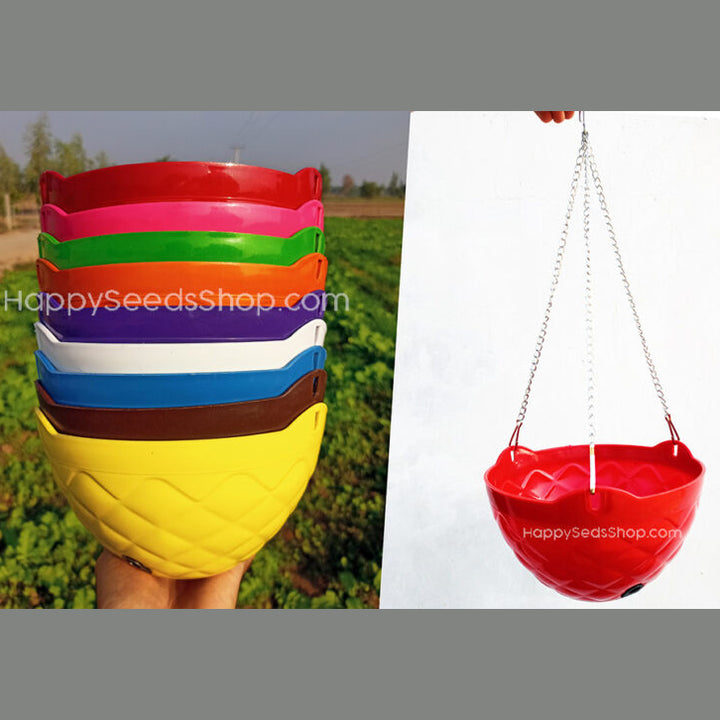 A set of colorful diamond design chain hanging baskets with iron chains, displayed in two images, one showing the baskets stacked and the other hanging.