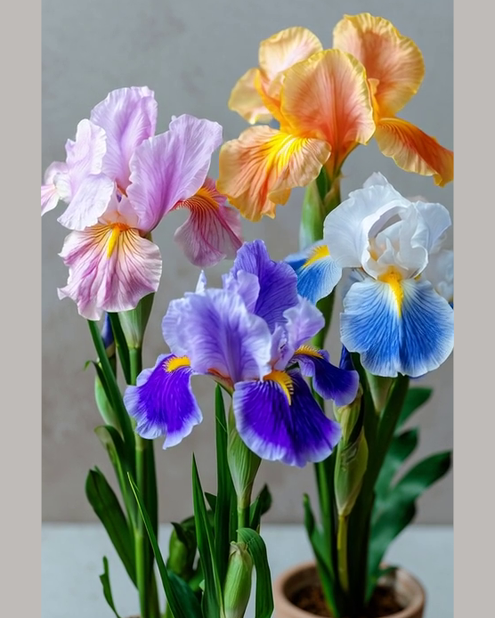 Colorful iris flowers in a pot against a neutral background